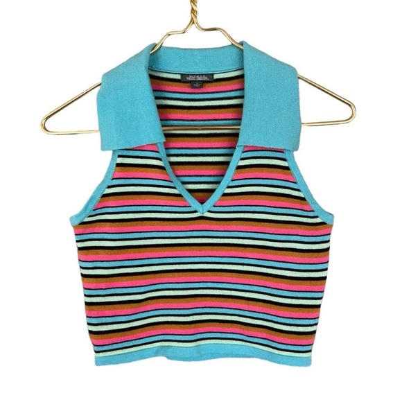 Wild Fable Multi Color Stripe Jacquard Sweater‎ Bodycon Cropped Polo Top - Picture 2 of 7